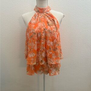 Orange Halter Neck Floral Tiered Blouse